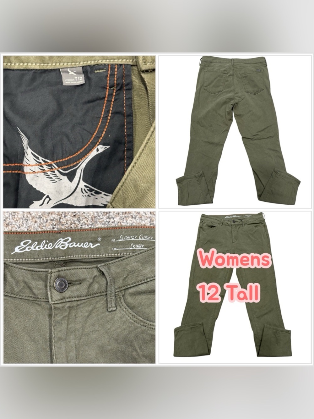 Women's Eddie Bauer 12 Tall Long Jeans Denim Olive Green Straight Skinny Stretch